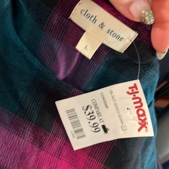 Cloth & Stone Flannel Shirt Lace-Up Back NWT Plaid Chest Pocket Size Large - Picture 9 of 12